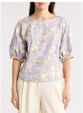 MELLODAY Lavender and Cream Puff-Sleeve Blouse